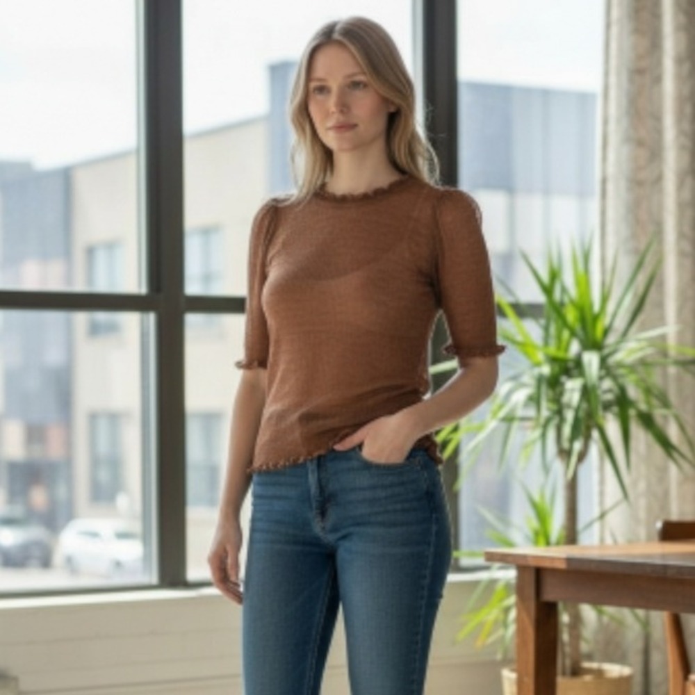 Ulla Johnson Sweater Womens Petite P Brown Neri‎ Top Knit Ruffle Lettuce Hem
